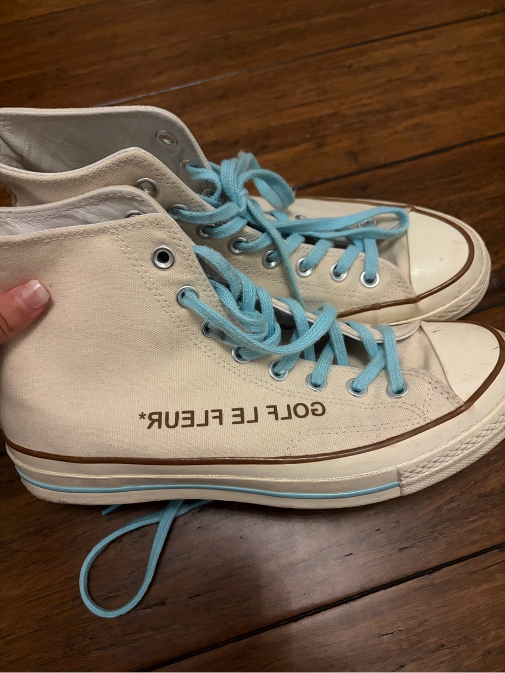 Golf Le Fleur Kids High-Top Canvas Sneakers in Cream with Light Blue Laces